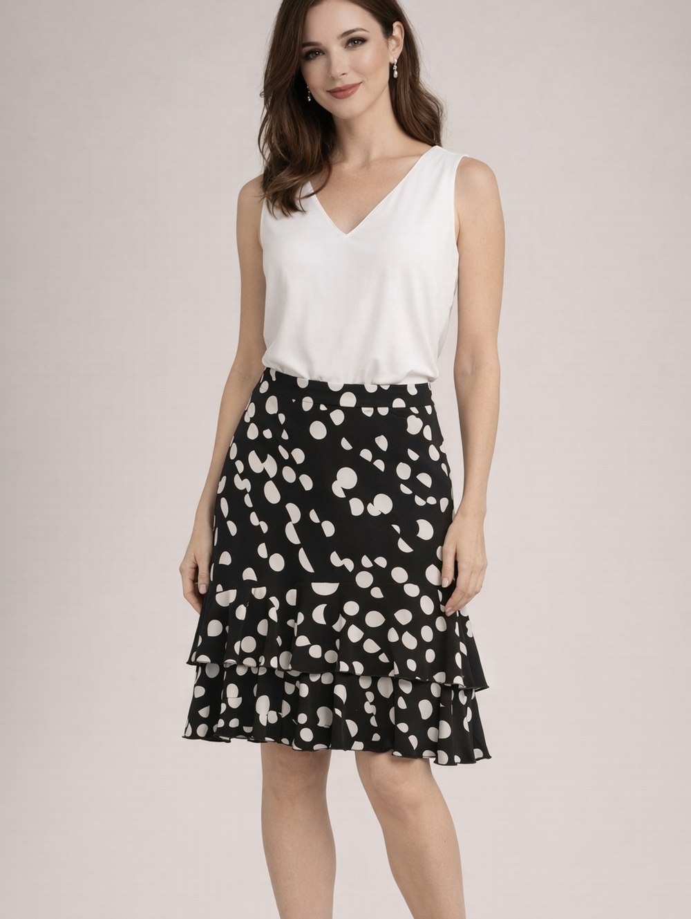 Joseph Ribkoff Skirt Women's Size 8 Black White Swing Polk A Dot Ruffle Retro